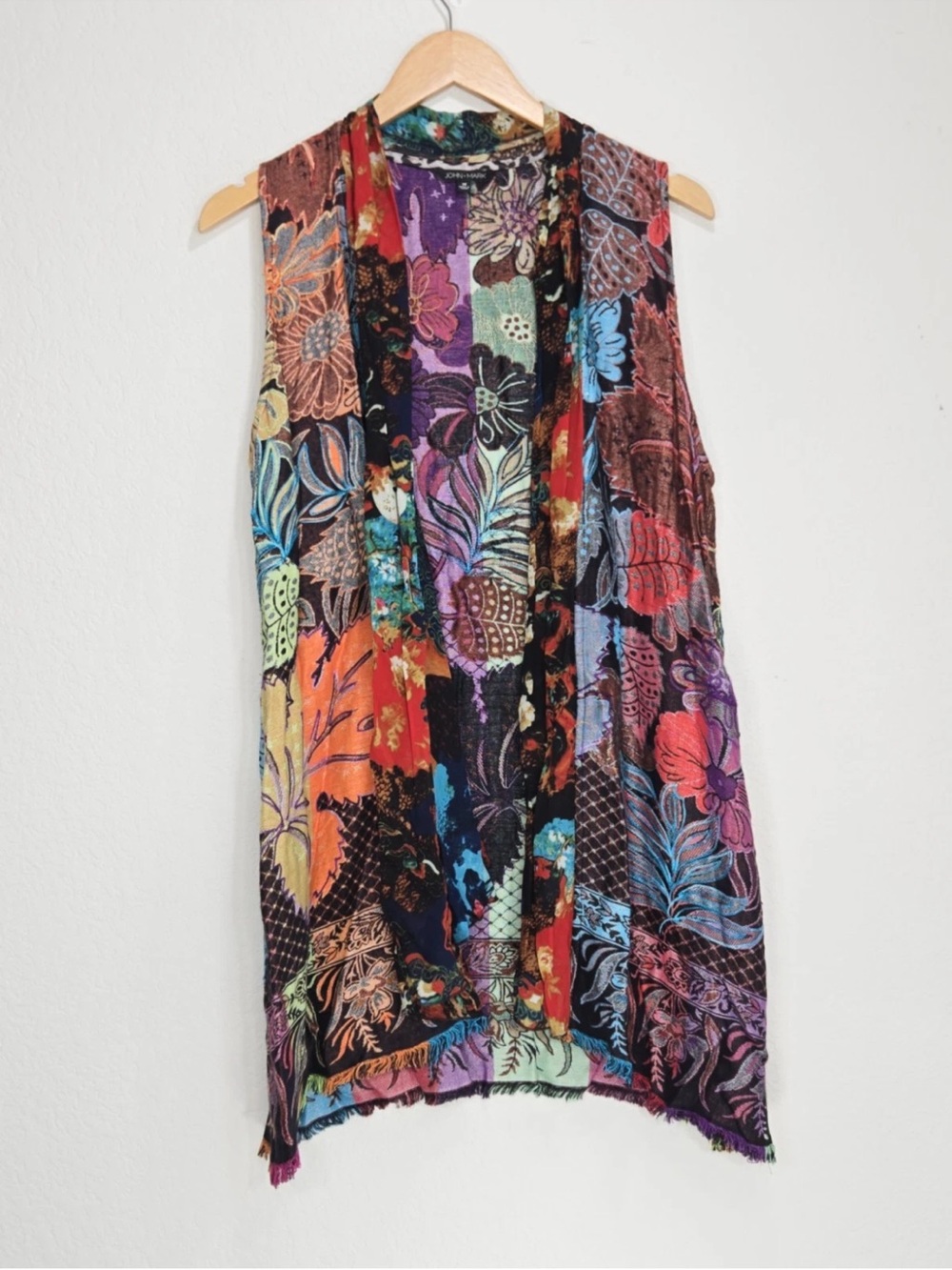 John Mark Boho Floral Open Front Kimono Cardigan Medium Fringe Multi Art